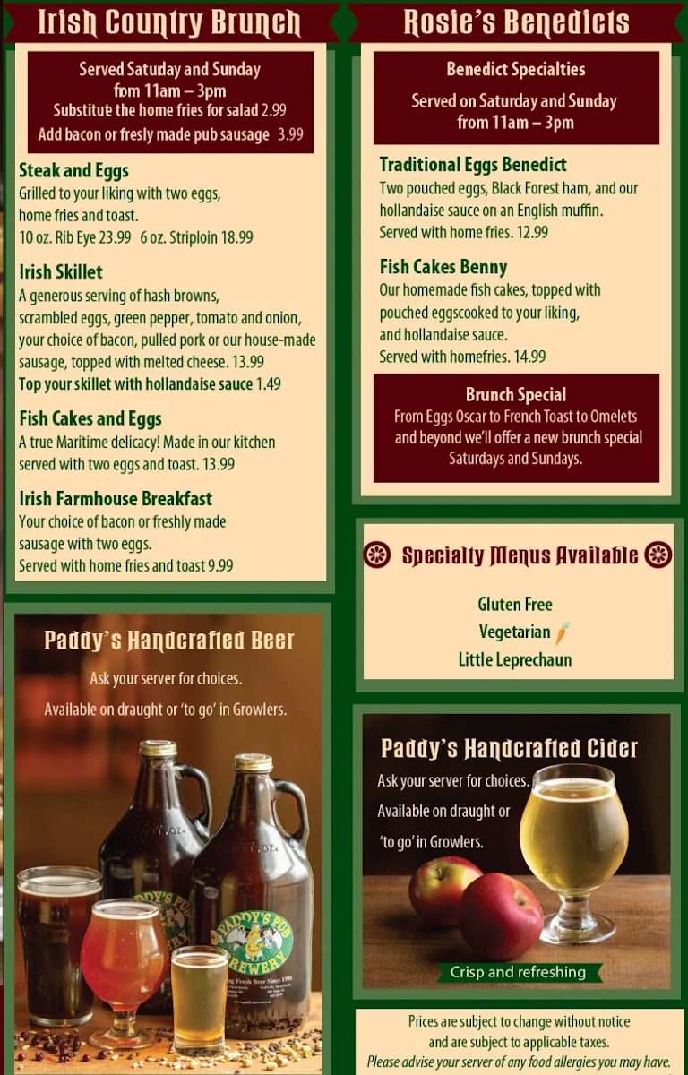 Menu, Paddy's Irish Brewpub & Rosie's Restaurant