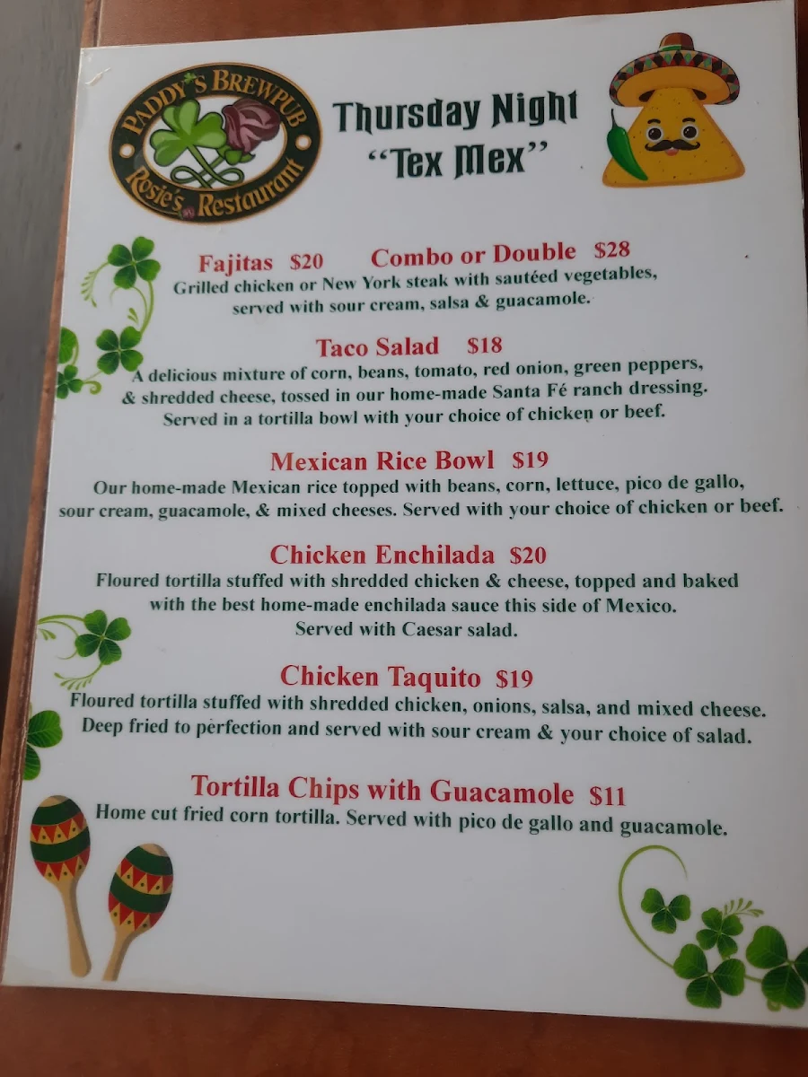 Menu, Paddy's Irish Brewpub & Rosie's Restaurant