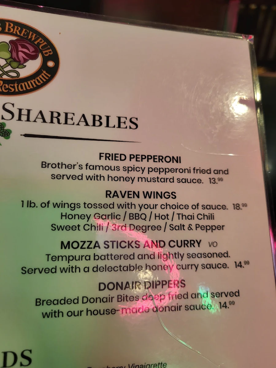Menu, Paddy's Irish Brewpub & Rosie's Restaurant