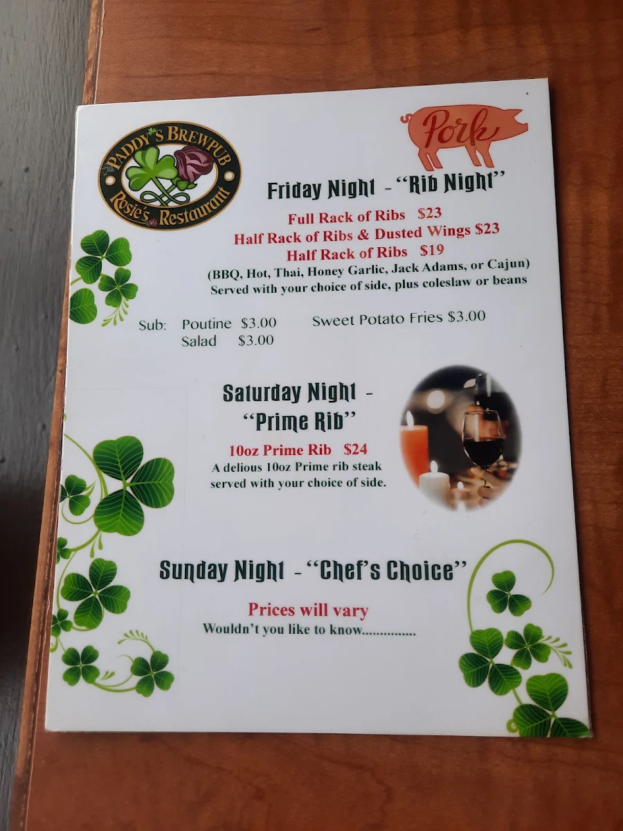 Menu, Paddy's Irish Brewpub & Rosie's Restaurant