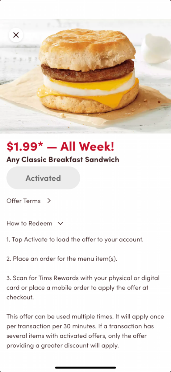 Menu, Tim Hortons