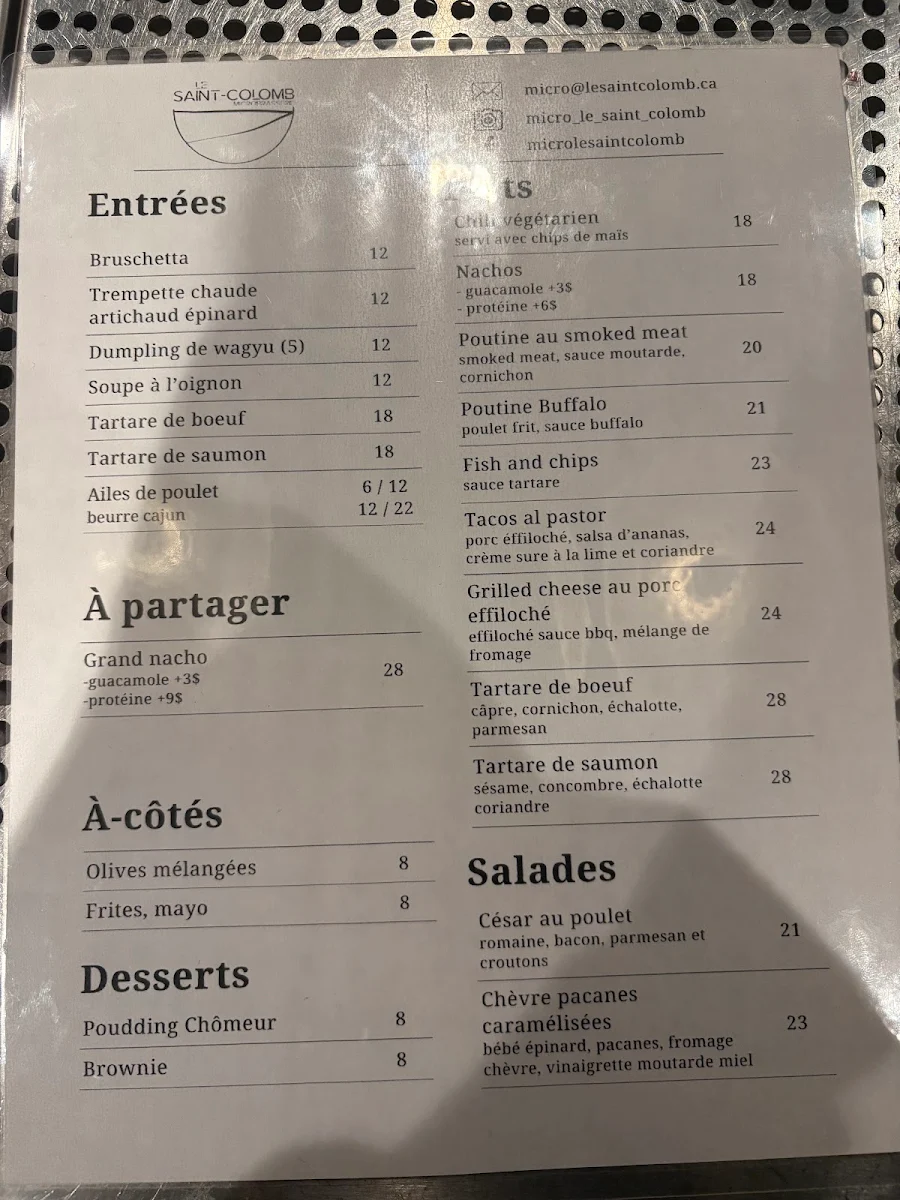 Menu, Microbrasserie Le Saint-Colomb