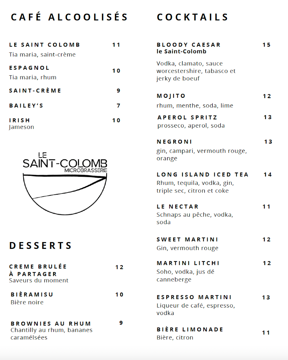 Menu, Microbrasserie Le Saint-Colomb