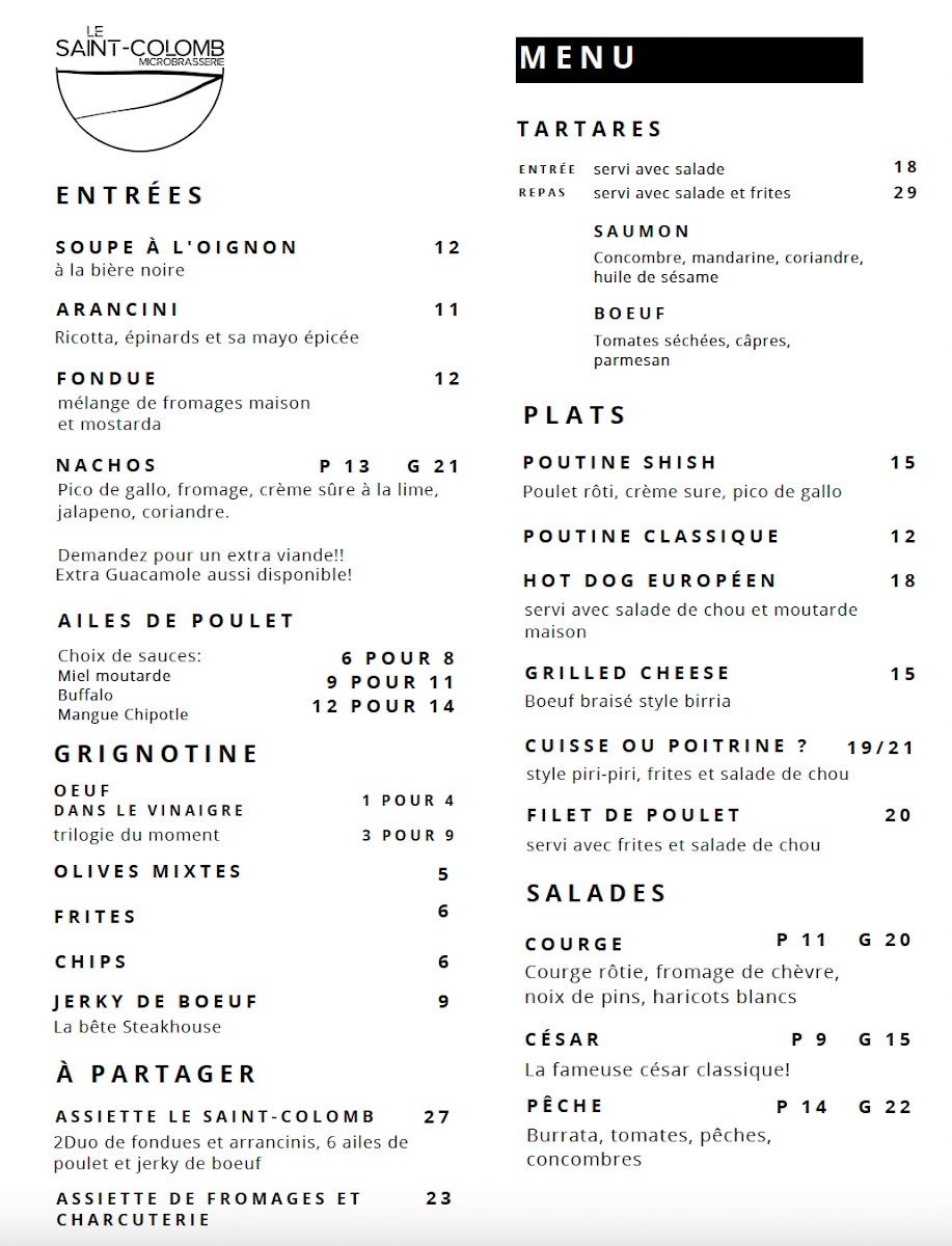 Menu, Microbrasserie Le Saint-Colomb