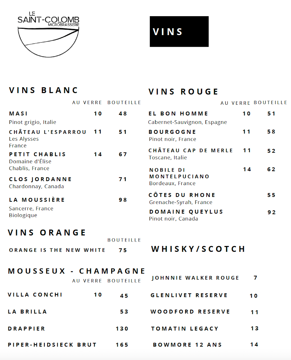 Menu, Microbrasserie Le Saint-Colomb