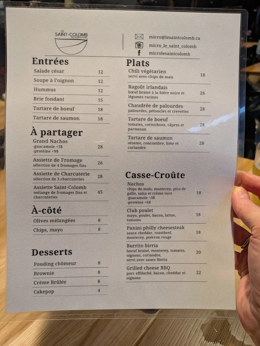Menu, Microbrasserie Le Saint-Colomb