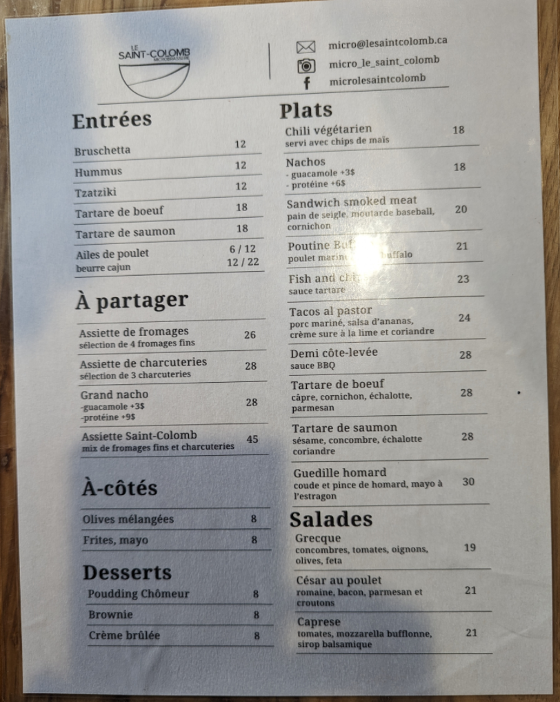 Menu, Microbrasserie Le Saint-Colomb