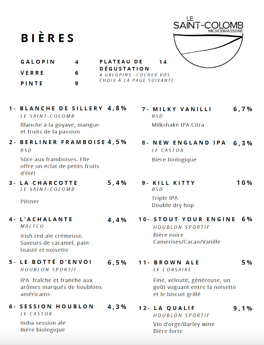 Menu, Microbrasserie Le Saint-Colomb