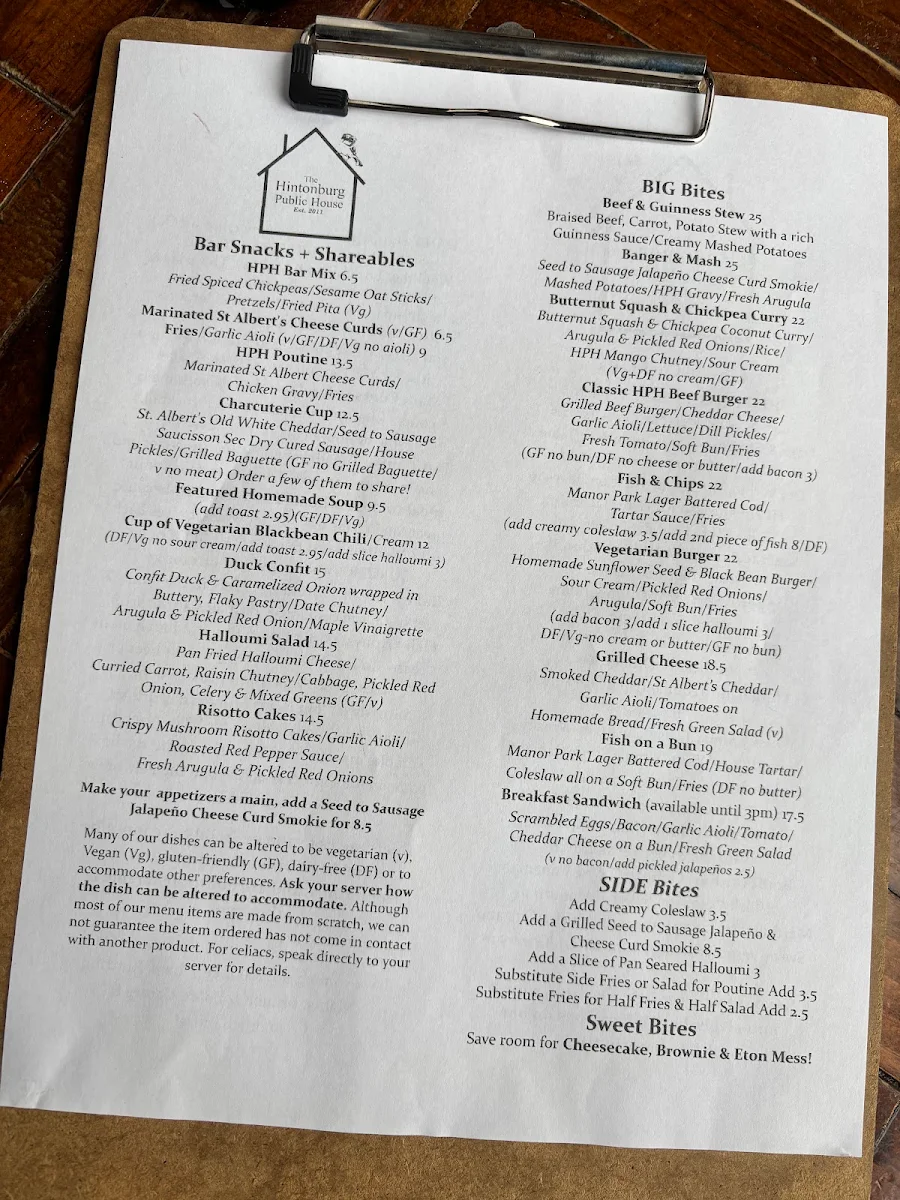 Menu, The Hintonburg Public House