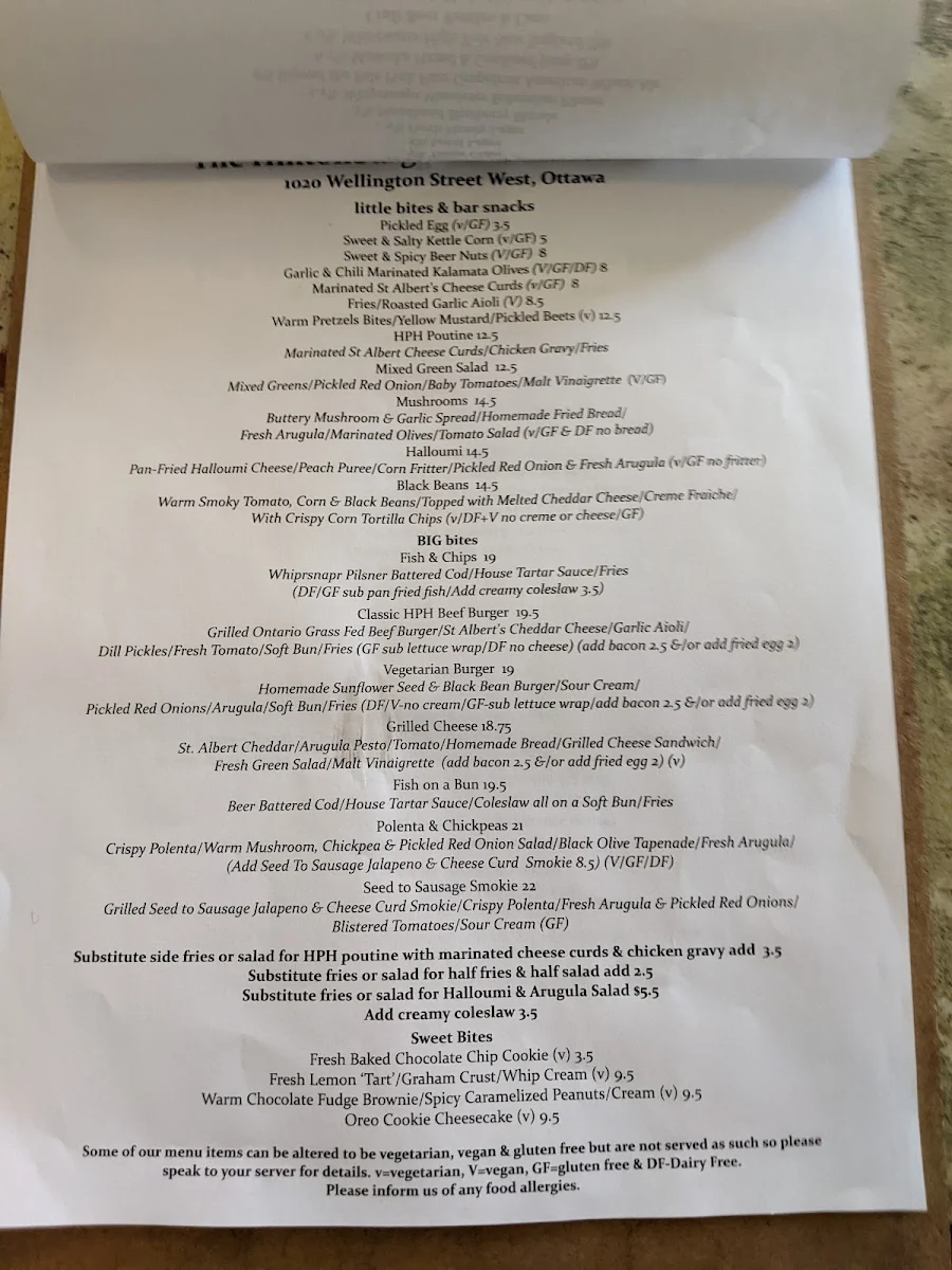 Menu, The Hintonburg Public House