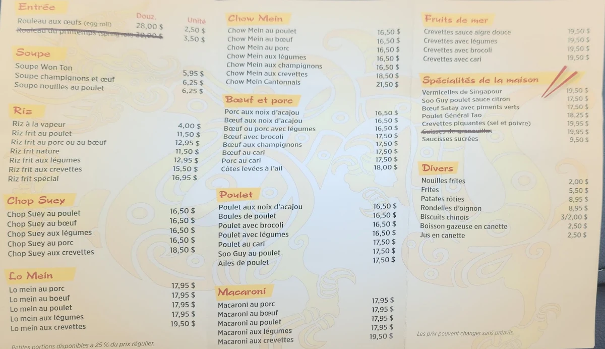Menu, Au Gourmet Chinois