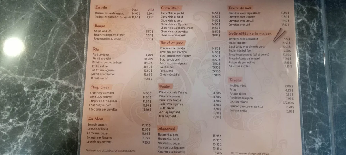 Menu, Au Gourmet Chinois