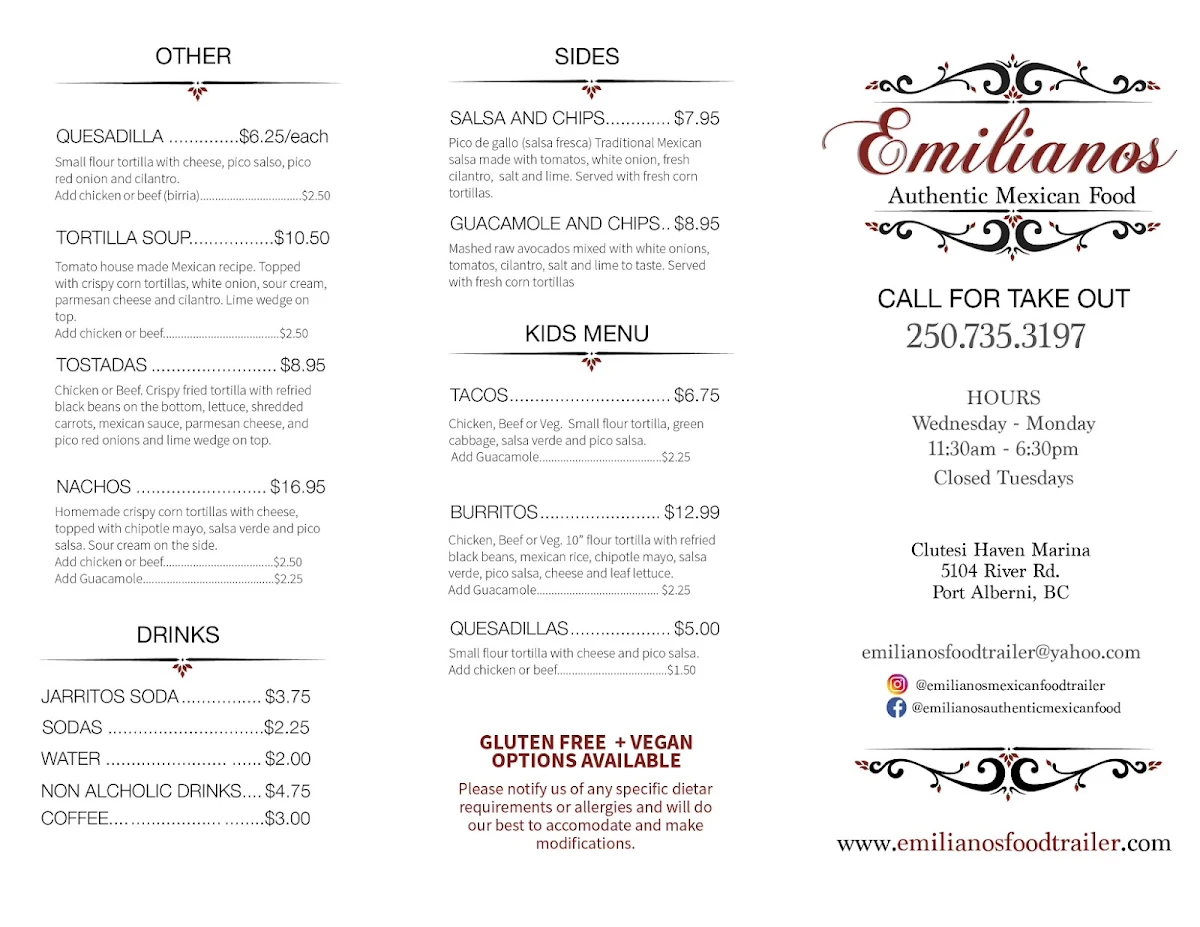 Menu, Emilianos Authentic Mexican Food