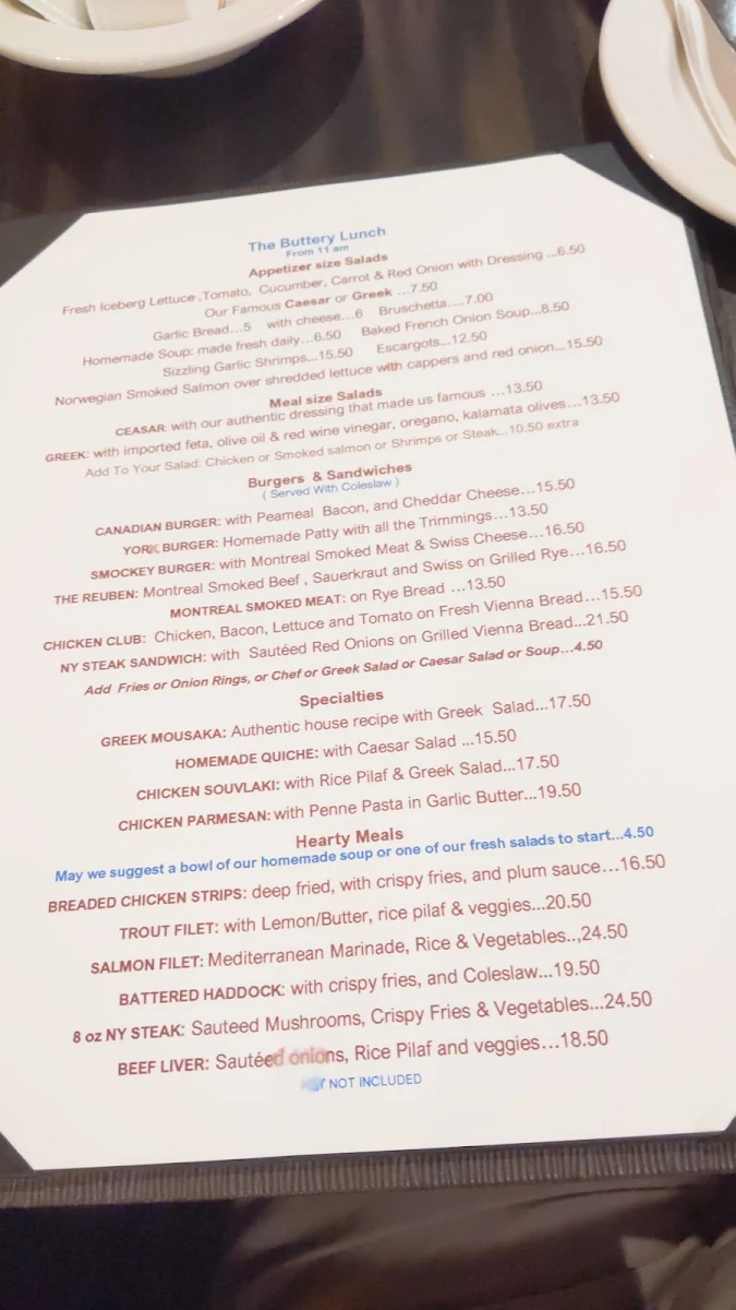 Menu, The Buttery Restaurant