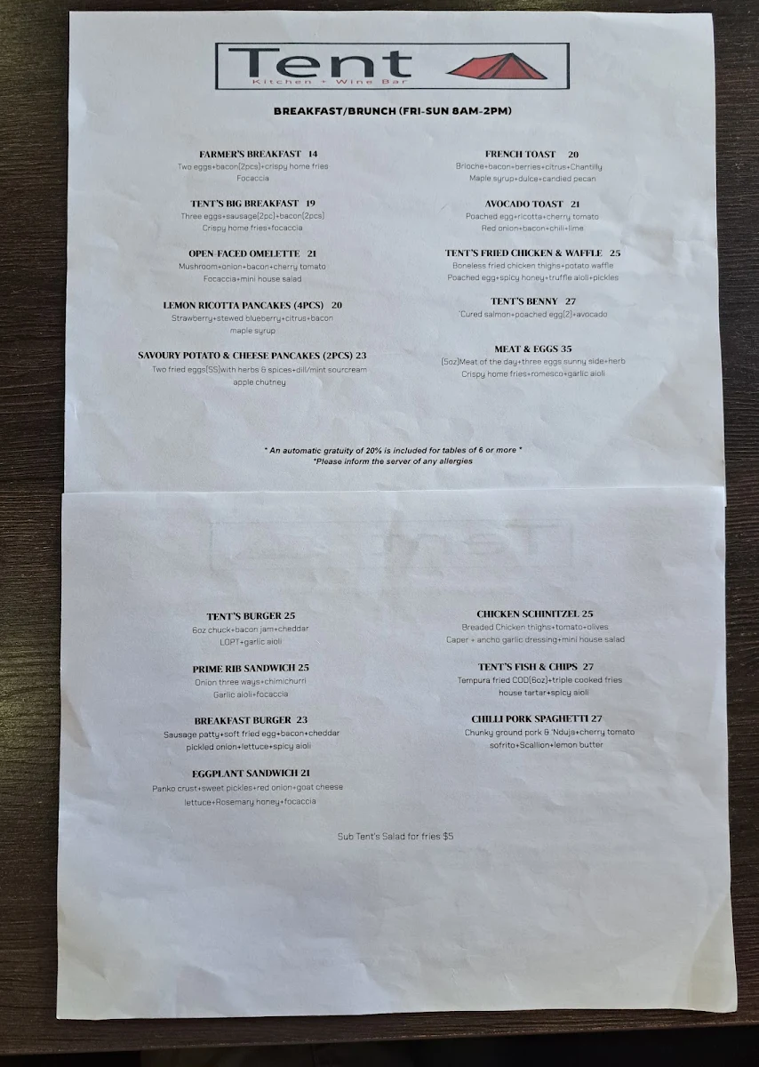 Menu, Tent Kitchen + Wine Bar