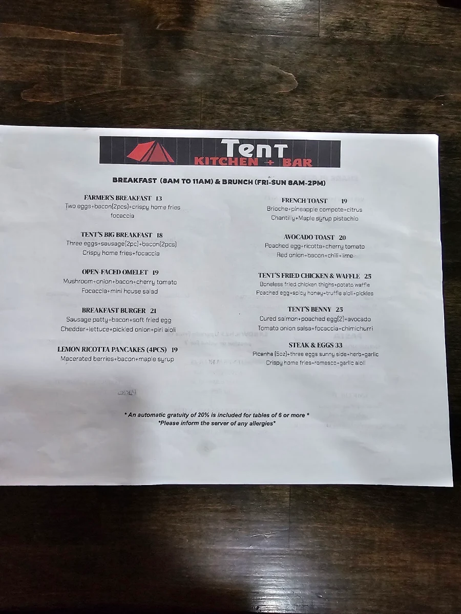 Menu, Tent Kitchen + Wine Bar