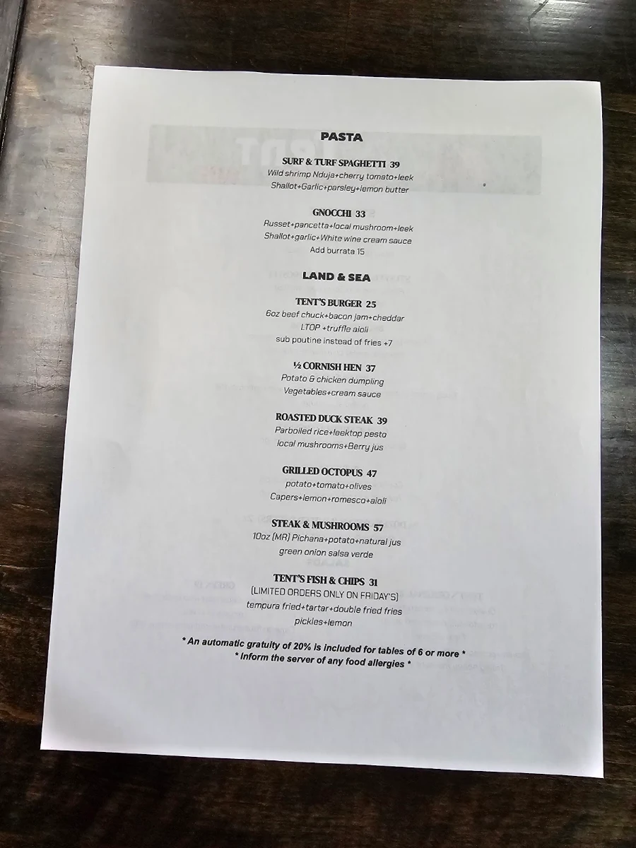Menu, Tent Kitchen + Wine Bar