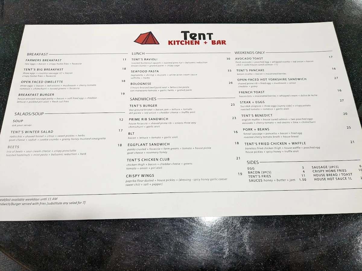 Menu, Tent Kitchen + Wine Bar