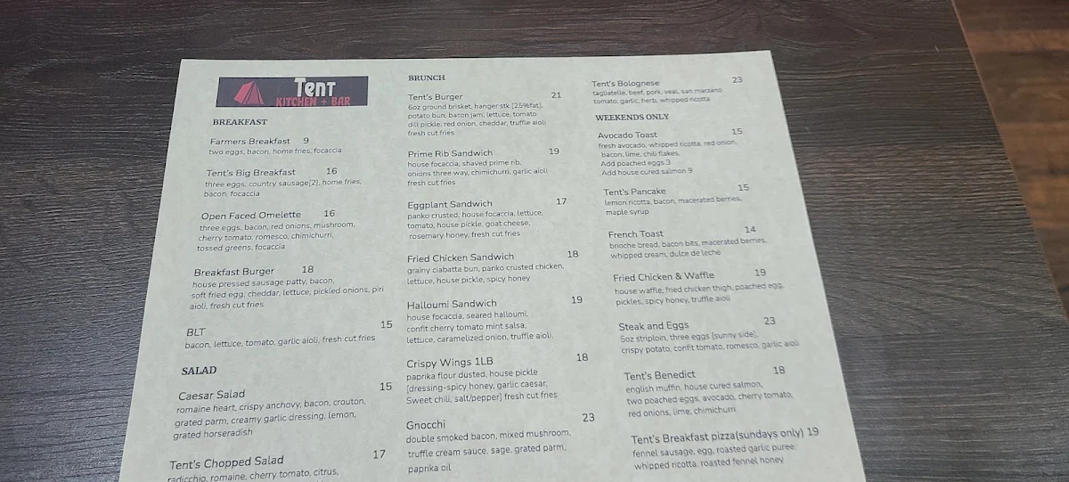 Menu, Tent Kitchen + Wine Bar