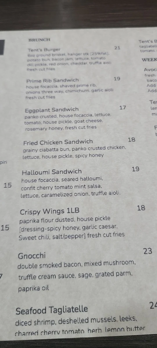 Menu, Tent Kitchen + Wine Bar