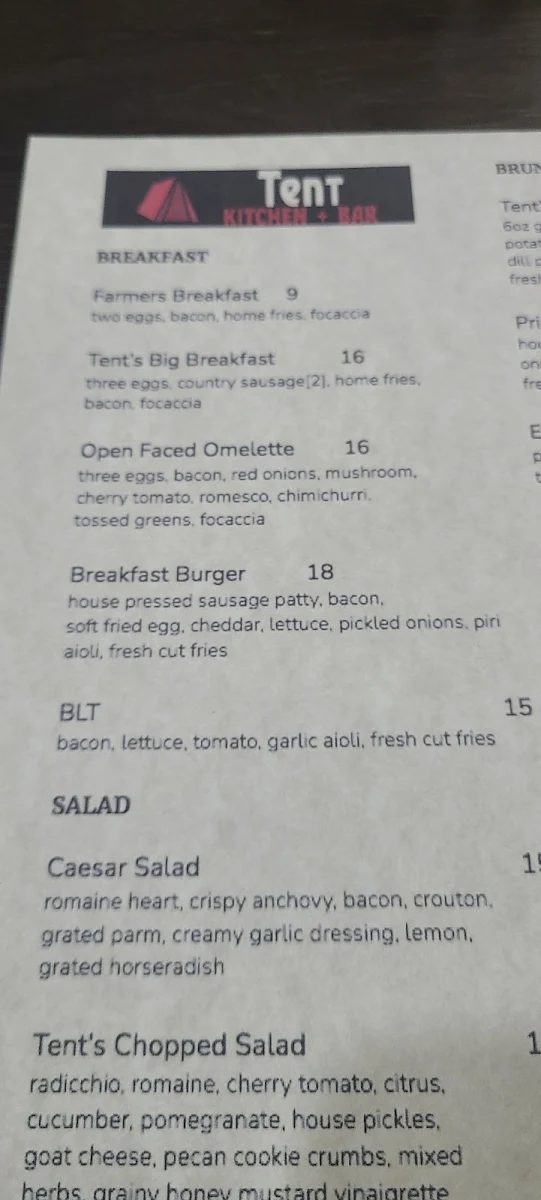Menu, Tent Kitchen + Wine Bar