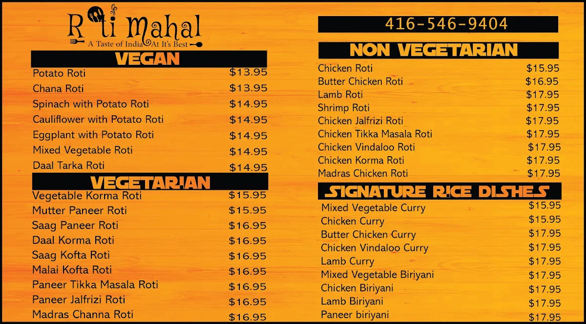 Menu, Roti Mahal Indian Cuisine