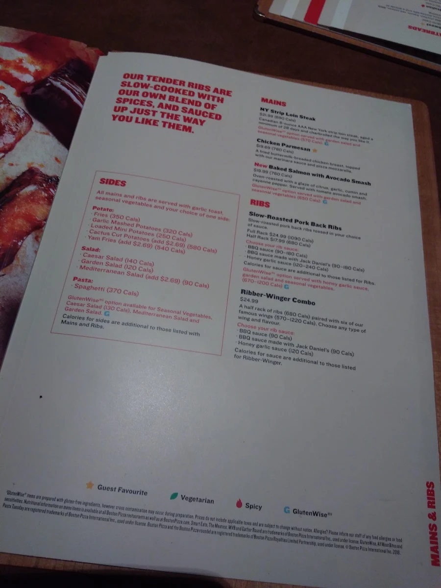 Menu, Boston Pizza