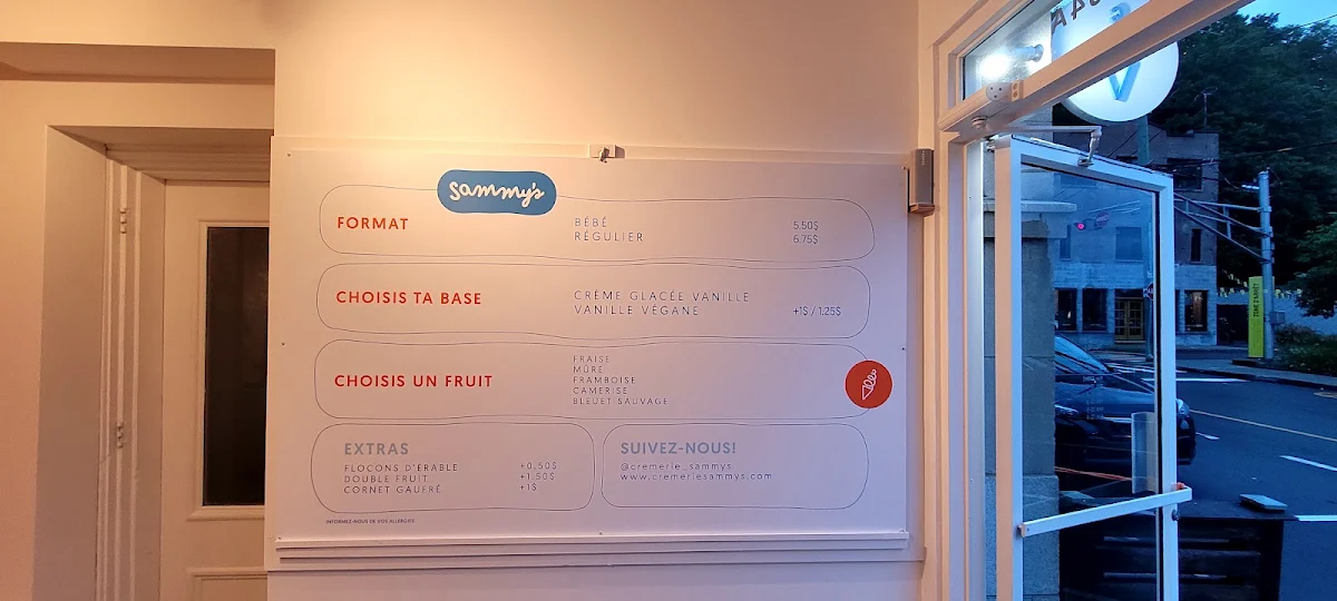 Menu, Crèmerie Sammy's