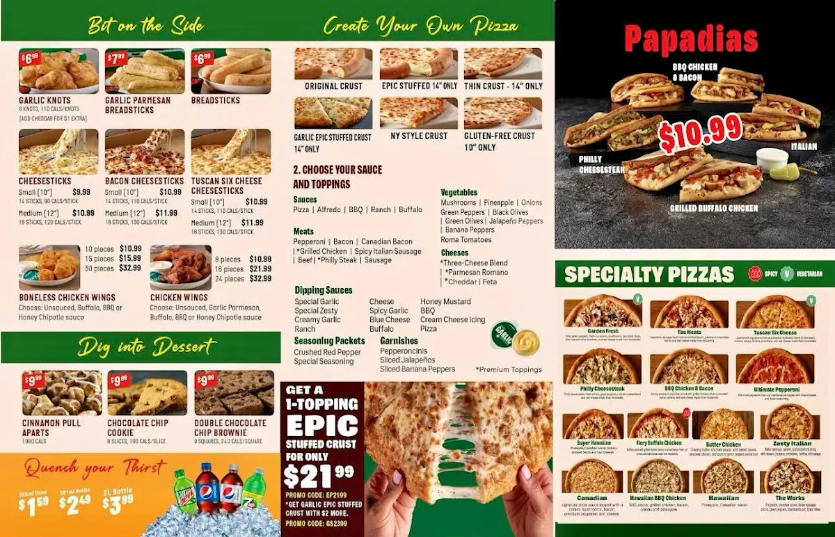 Menu, Papa Johns Pizza