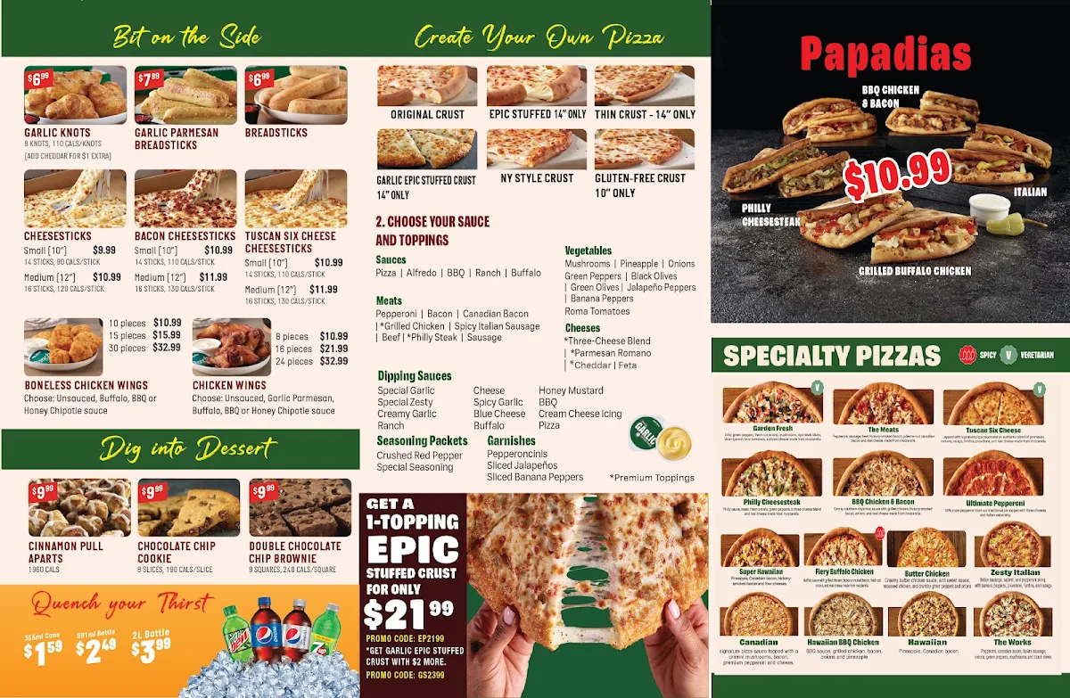Menu, Papa Johns Pizza