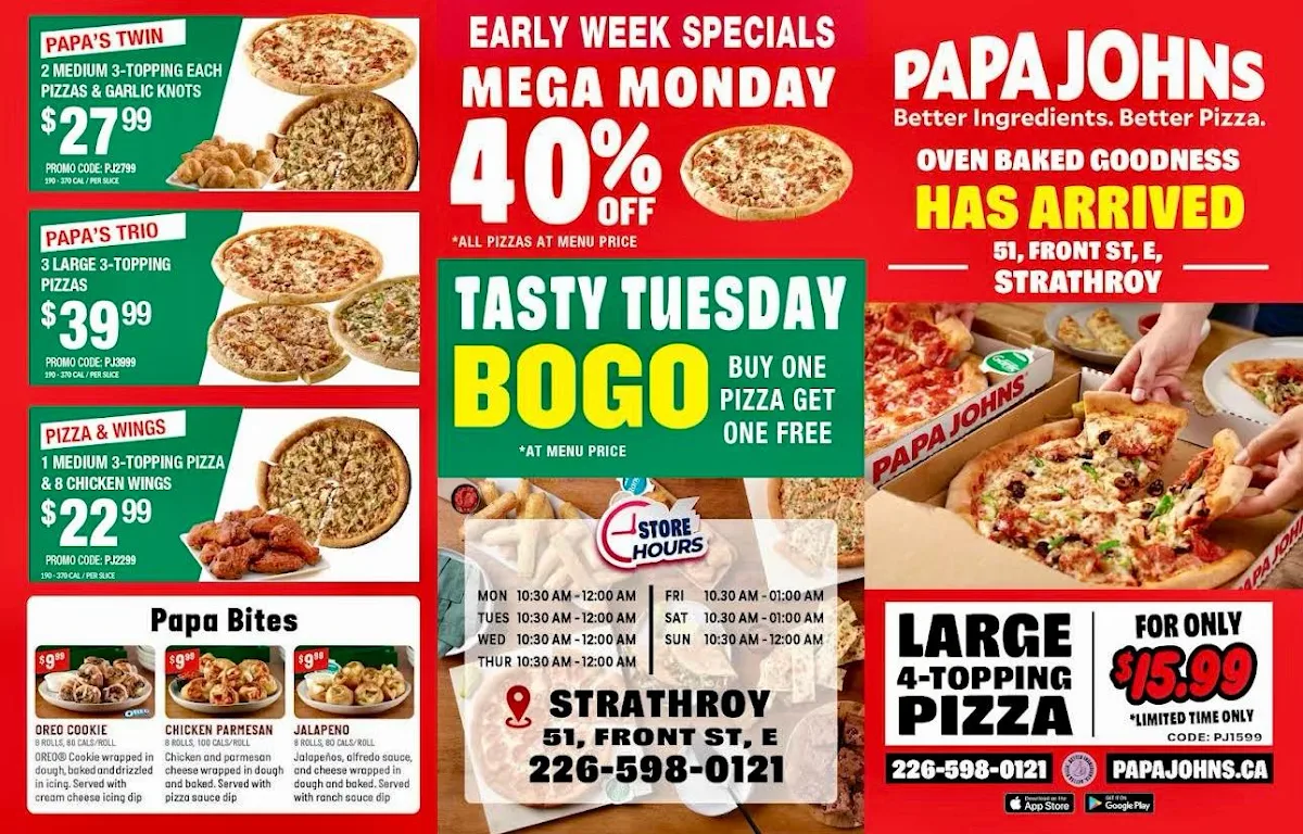Menu, Papa Johns Pizza