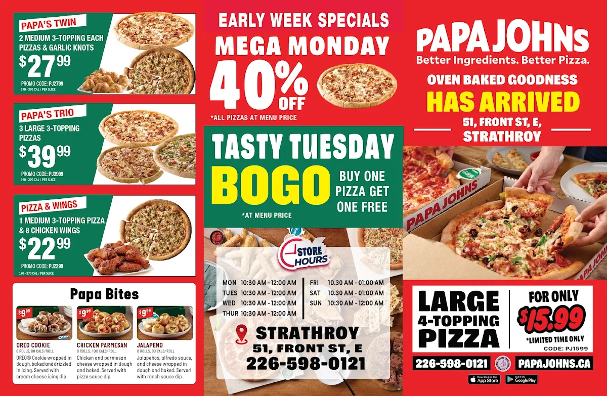 Menu, Papa Johns Pizza
