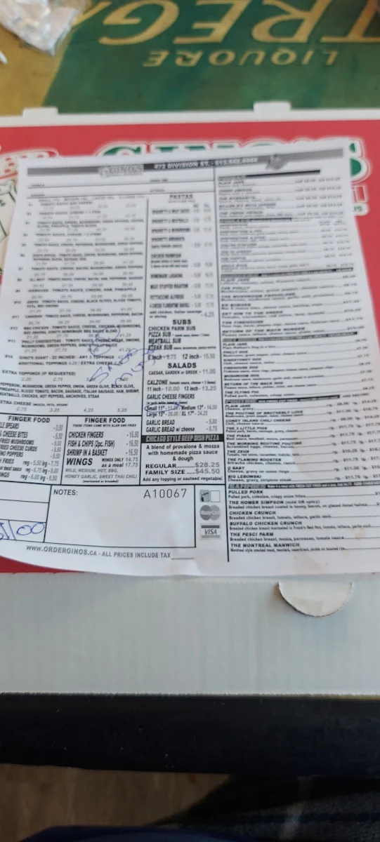 Menu, Gino's Pizza & Spaghetti/Pisano's Old School