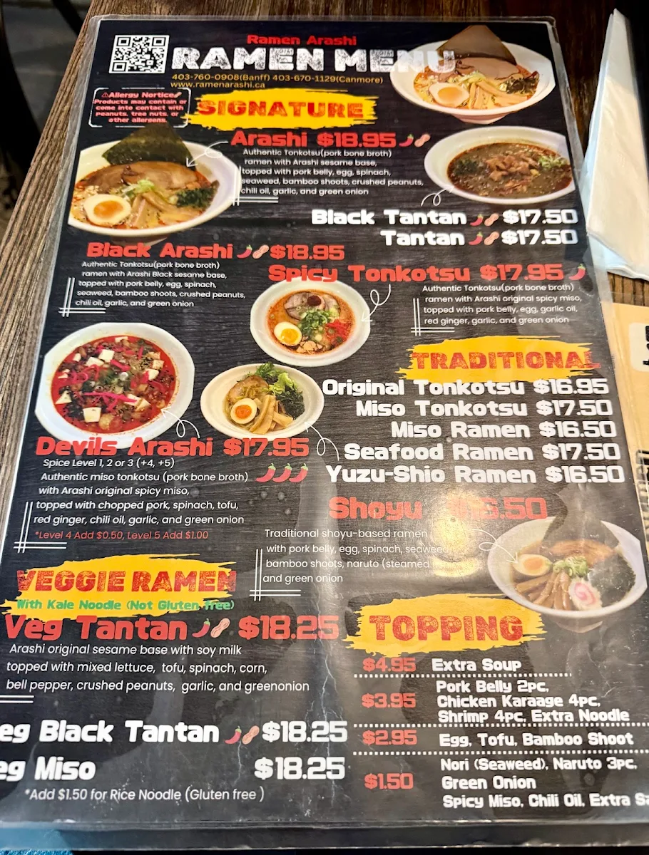 Menu, Ramen Arashi Banff