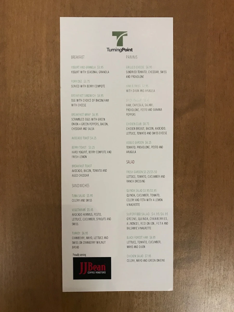 Menu, Storey's Cafe