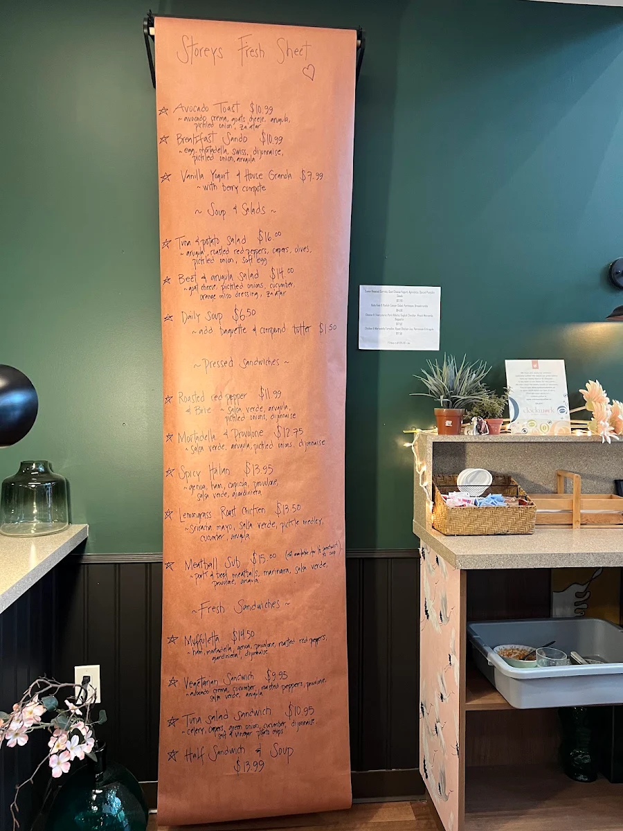 Menu, Storey's Cafe