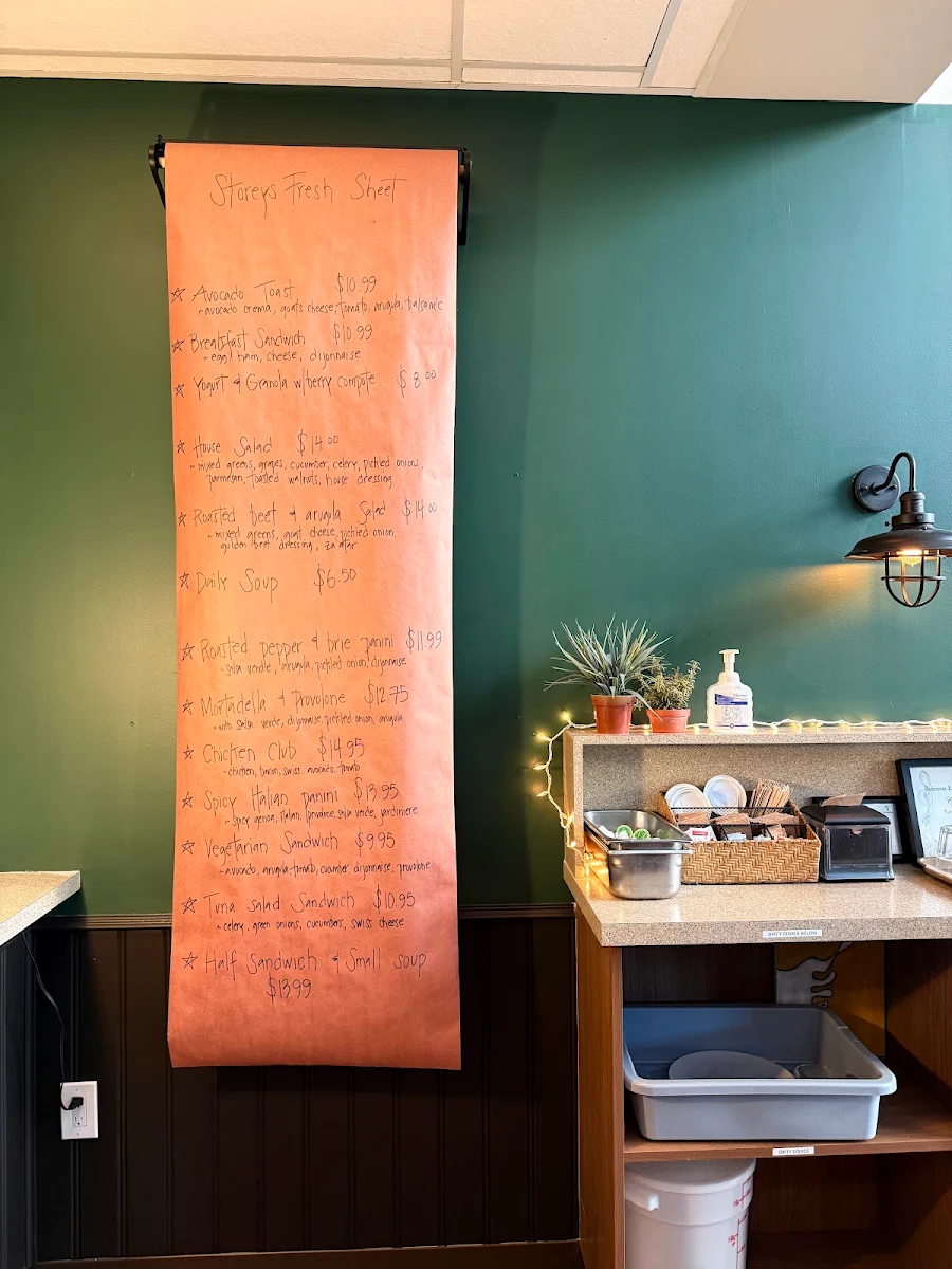 Menu, Storey's Cafe