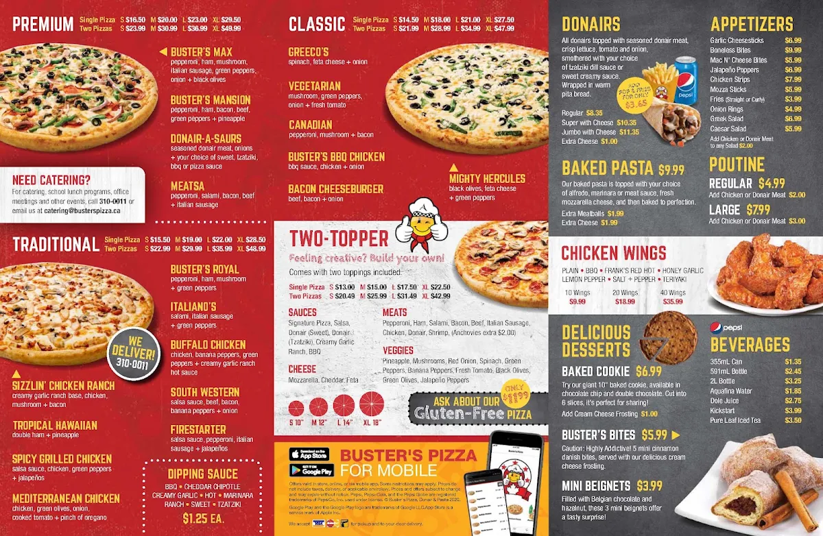 Menu, Buster's Pizza & Donair