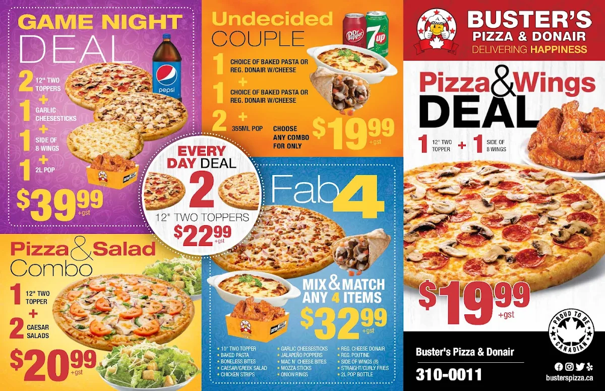 Menu, Buster's Pizza & Donair