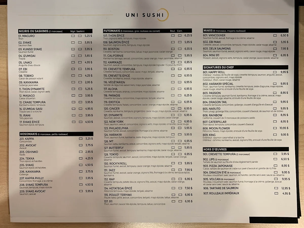 Menu, Uni Sushi