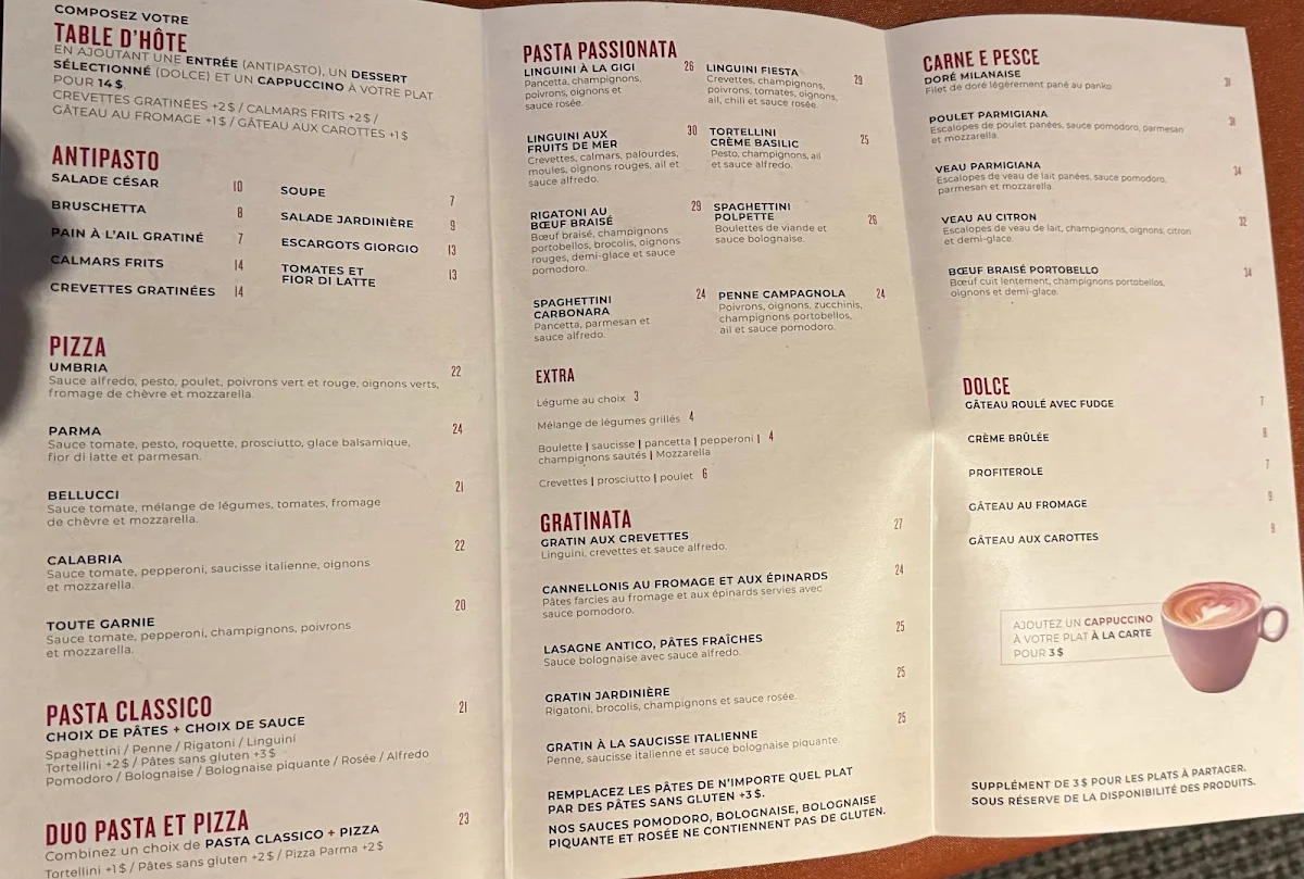 Menu, Giorgio Ristorante