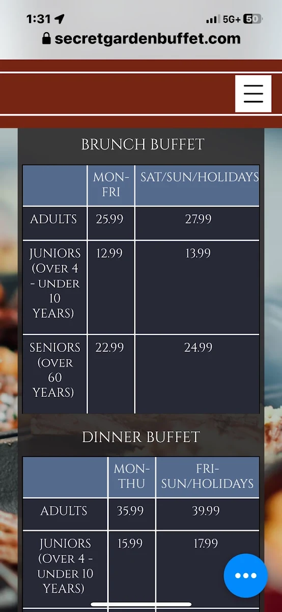 Menu, Secret Garden Korean Buffet