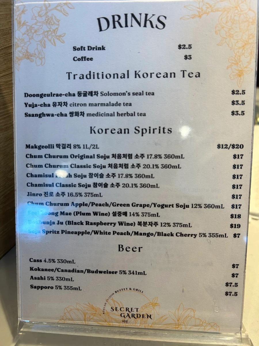 Menu, Secret Garden Korean Buffet