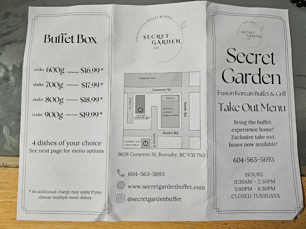 Menu, Secret Garden Korean Buffet