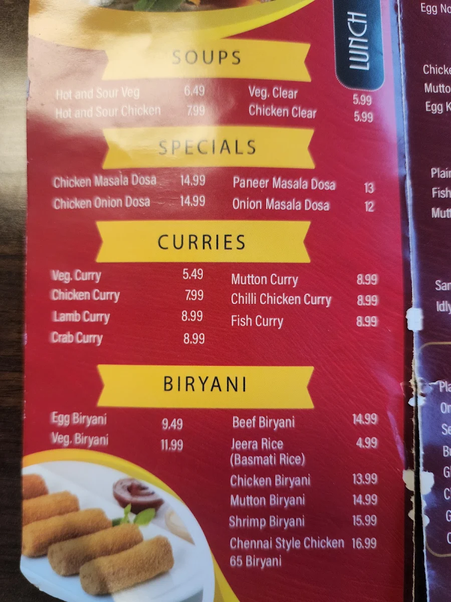 Menu, Trisha's South Indian and Sri Lankan Cuisine