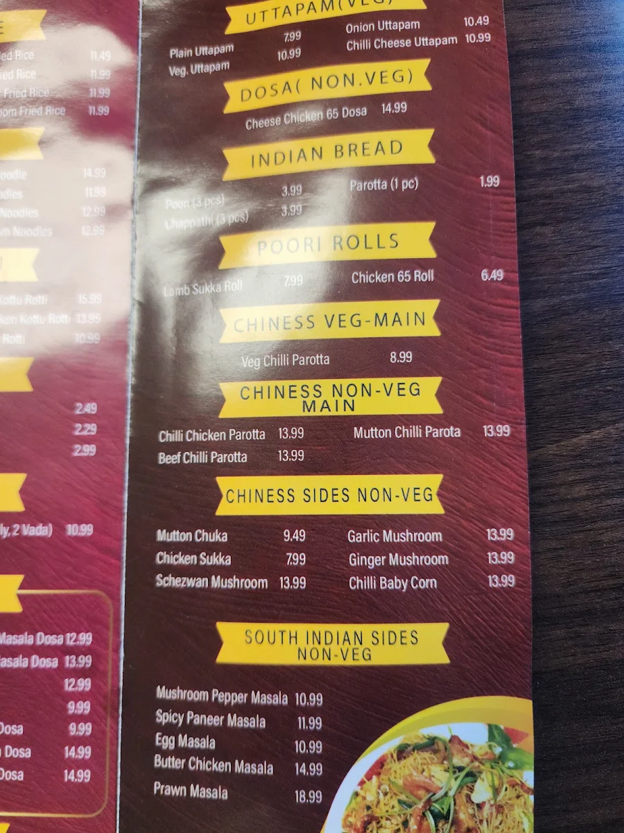Menu, Trisha's South Indian and Sri Lankan Cuisine