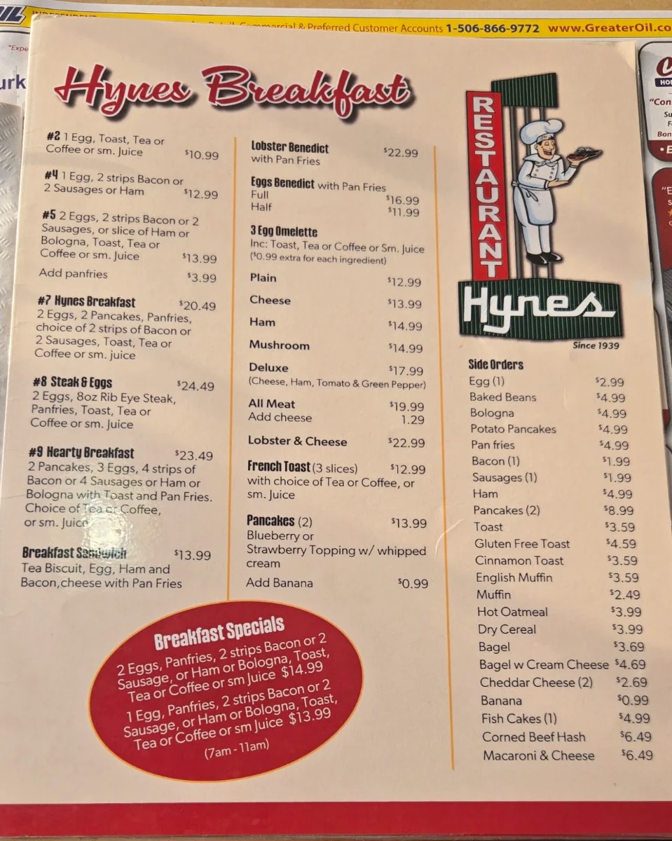 Menu, Hynes Restaurant