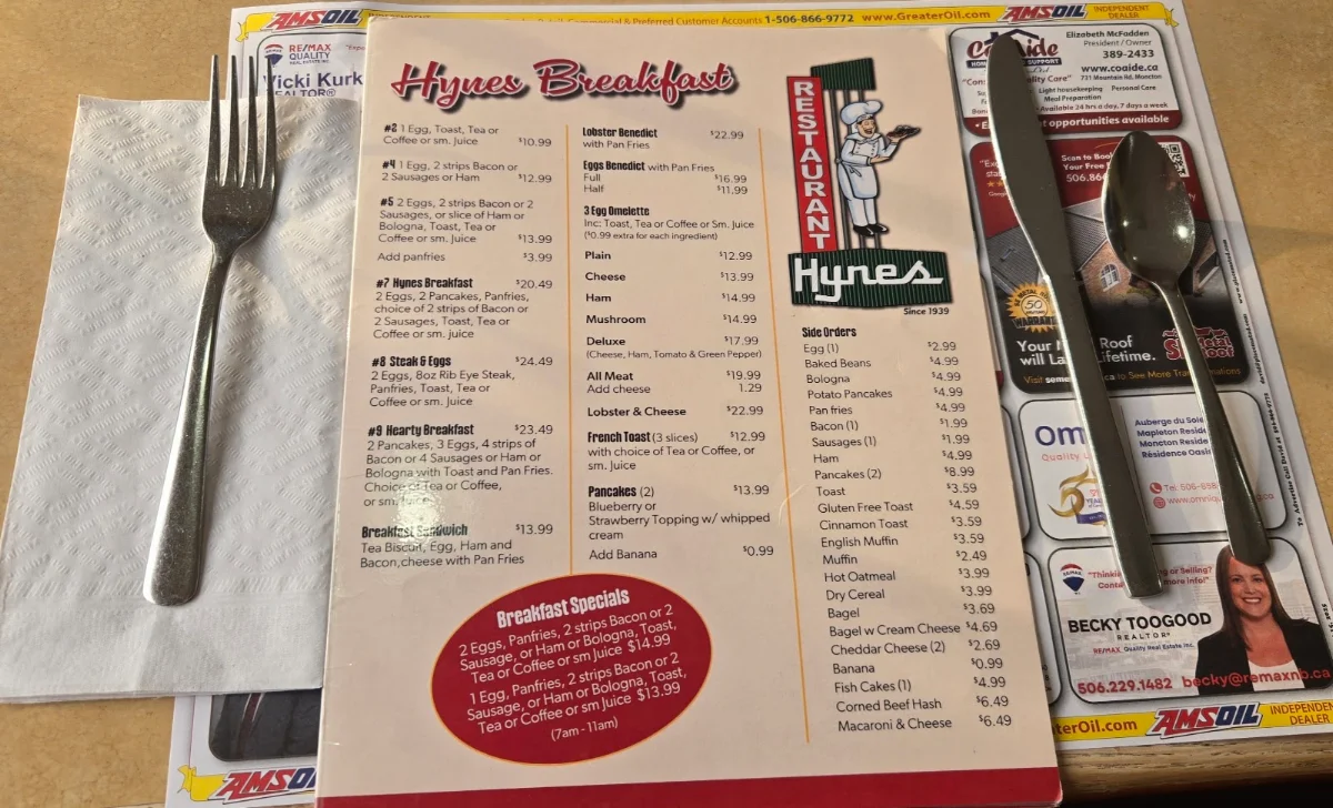 Menu, Hynes Restaurant