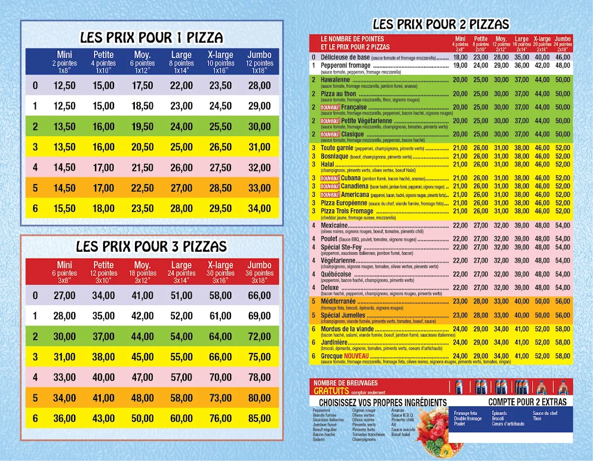 Menu, Jumelles Pizza 2 pour 1