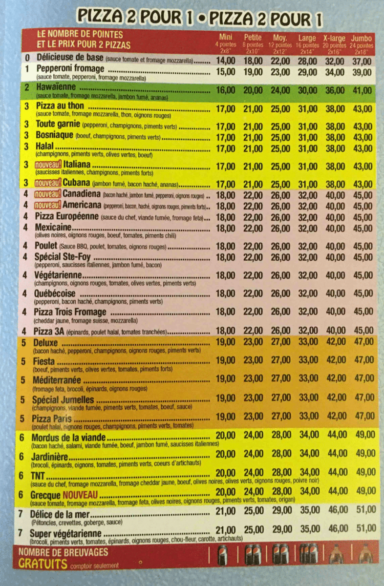 Menu, Jumelles Pizza 2 pour 1
